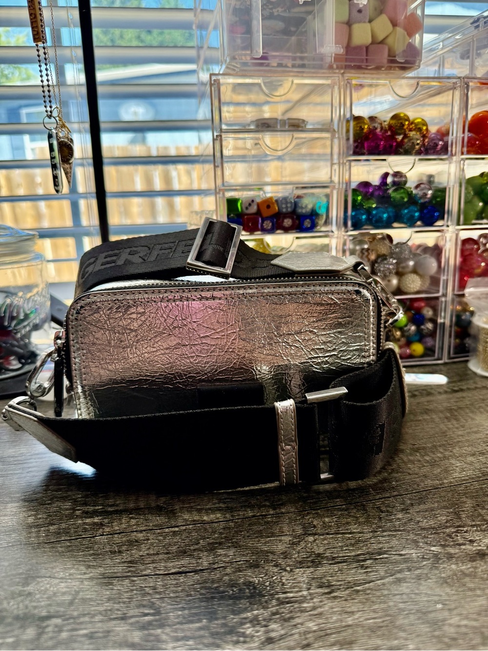 Karl Lagerfeld Metallic Silver and Black Crossbody Bag